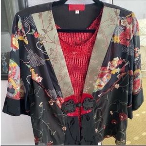 Women’s Carina Floral Statement Kimono and Stretchy Red Top Size Small